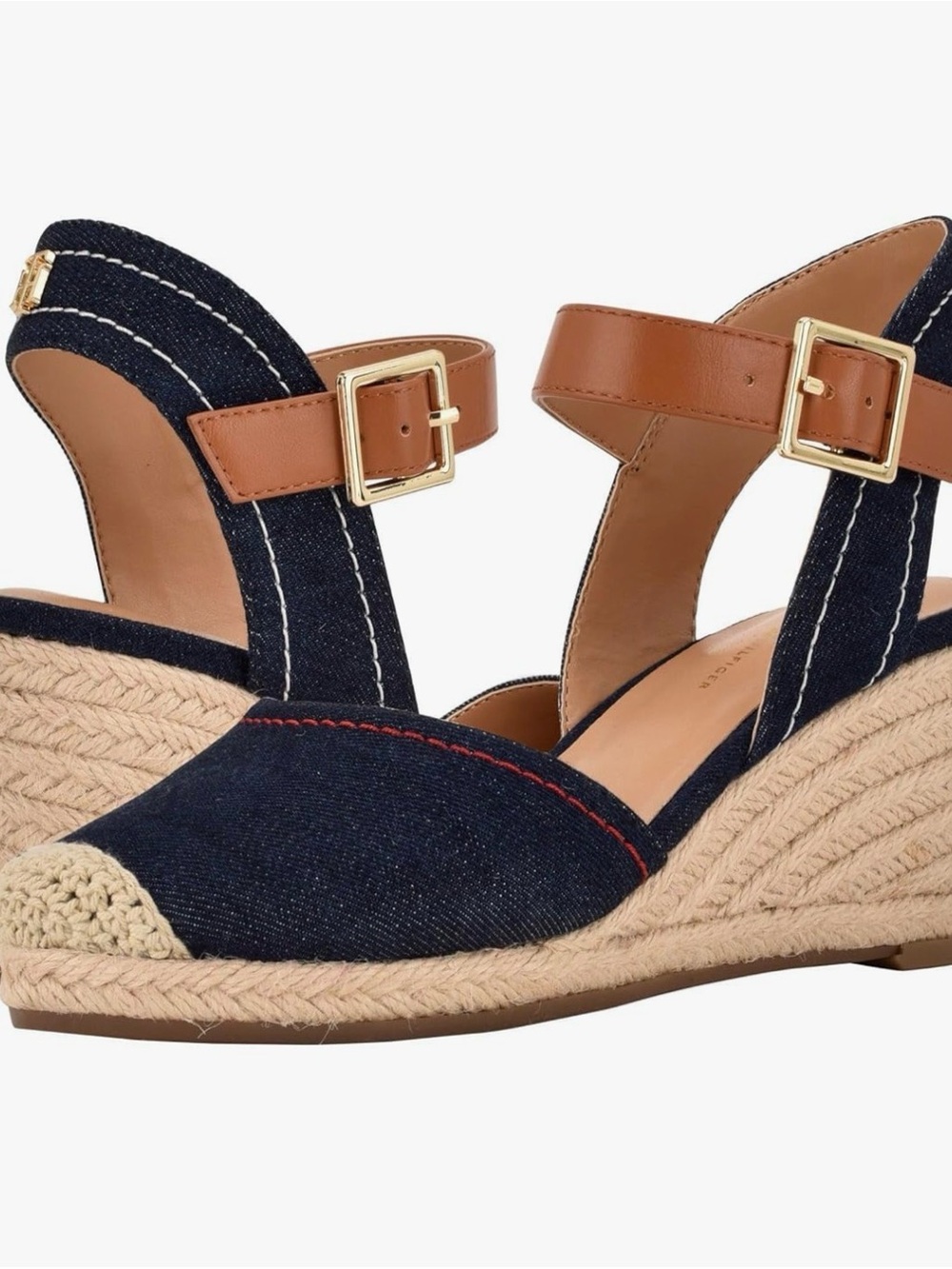 Tommy Hilfiger Navy Denim Espadrille Wedge Sandals with Tan Straps